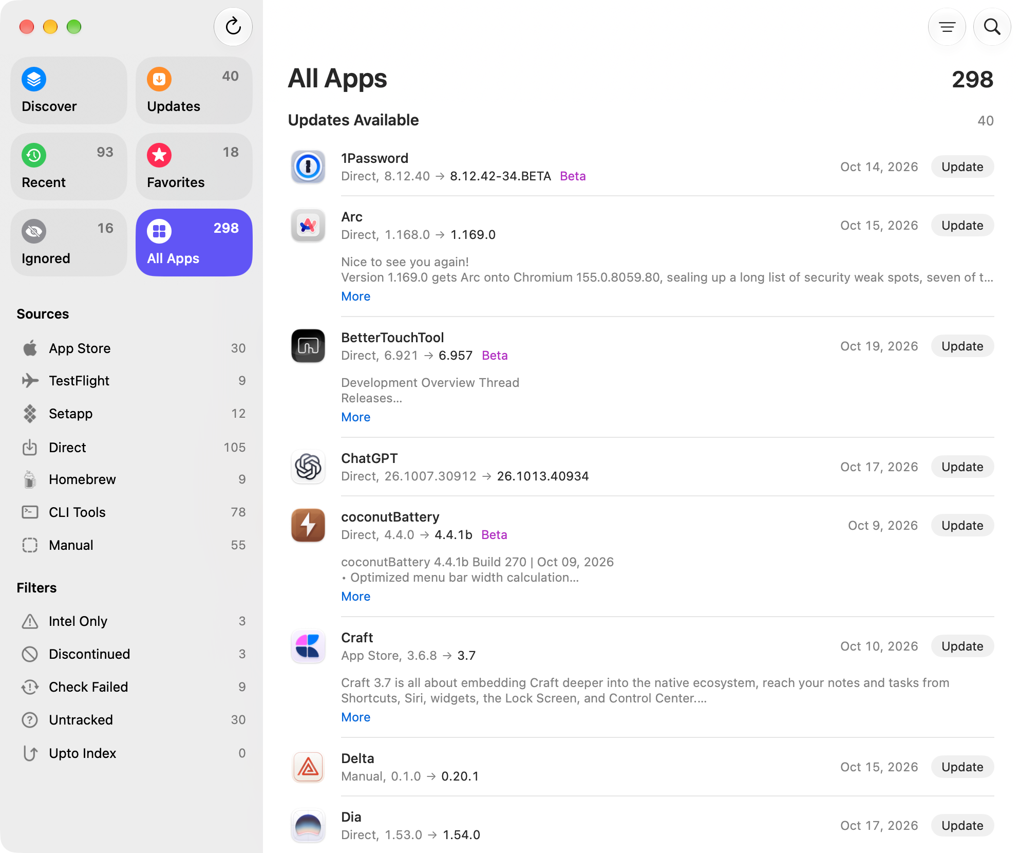 The Upto window: every app, with its updates first